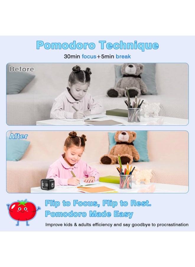 Cube Pomodoro Timer, Desk Productivity Timer 5/10/30/60 Minutes & Custom Countdown, Adjustable & Silent Visual Timer, ADHD Tool Flip Rotating Portable Multi Timers for Study Task Work Kitchen School - Image 4